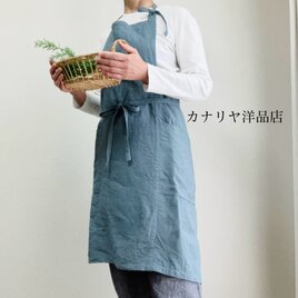 ベルギーリネンの魅力を纏う - ワークエプロン　ベルギーリネン２５番手　サックスの画像