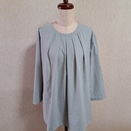 タックブラウス　コットンブラウス　グリーン　八分袖　Lサイズの画像