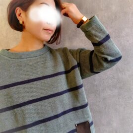 リネンニット ボーダー / セージ × 紺 麻　美シルエット 母の日　梅雨の画像