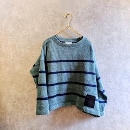 リネン ボーダー 春ニット / セージ × 紺 麻　美シルエットの画像