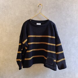 リネン ボーダー 春ニット / 黒 × キャメル 麻　美シルエット トップス ブラックの画像