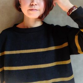 リネンニット ボーダー / 黒 × キャメル 麻　美シルエット 母の日 間着の画像