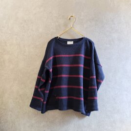 リネン ボーダー 春ニット / ネイビー × マゼンダ 麻　美シルエット トップスの画像