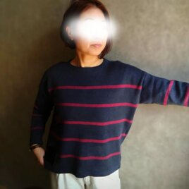 リネンニット ボーダー / ネイビー × マゼンダ 麻　美シルエット 母の日 間着の画像