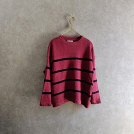 訳ありsale！ リネン ボーダー 春ニット / ワイン × 黒  麻　美シルエット トップスの画像
