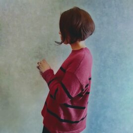訳ありsale！ リネンニット ボーダー  / ワイン × 黒  麻　美シルエット トップスの画像