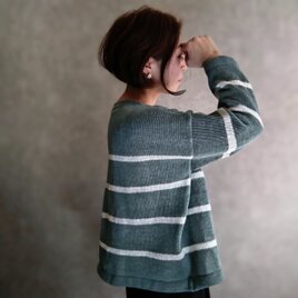 リネンニット ボーダー/ セージ × 紺 麻　美シルエット 母の日の画像