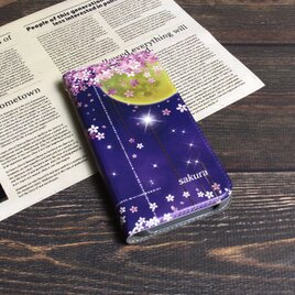 帯なし iPhone 手帳型スマホケース （カメラ穴あり/はめ込みタイプ）【桜と月と星と】の画像