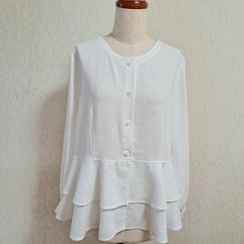 リネン　ブレンド　ペプラムブラウス　ホワイト　白　長袖　Lサイズの画像