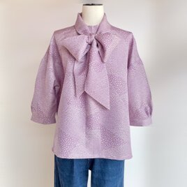 2way ハイネックブラウス【送料込み】着物リメイク　ボウタイ付き　パープルの画像