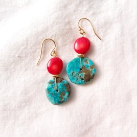 【K14gf】Turquoise × Red Coral Earrings／ターコイズ×レッドコーラル フックピアス