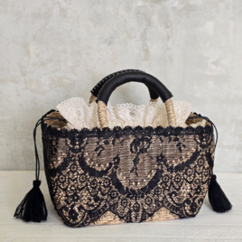 レースを飾ったシーグラスのカゴバッグ・長方形ブラック