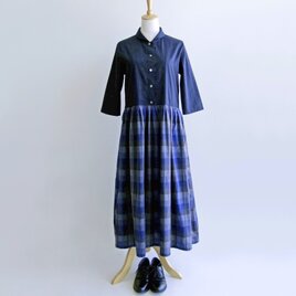 播州織コットン＊クラシカルなワンピース（ギャザースカート青系チェック柄）の画像