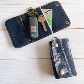 岡山ハードダメージ加工柄デニム　三つ折りキーケース　4連　スマートキーケース　カードケース　コインケースの画像