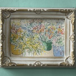 春を告げる店先(ミニ絵画、フランス、パリ、花屋、原画、透明水彩、写真立て付き)の画像