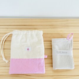 巾着袋とお弁当包み　生成り＋ピンクの画像