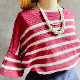 リネンニット ビックTシャツ  ボーダー/ 赤×白 BigT  半袖  母の日の画像