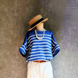 リネンニット ビックTシャツ  ボーダー/ 青×白 BigT 半袖 母の日の画像