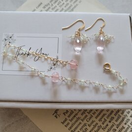 【14kgf 】ローズクォーツ×プレナイト＊春色天然石の癒しセット ( ピアス&ブレスレット)の画像