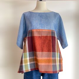 スクエアブラウス【送料込み】古布リメイク　半袖　オレンジの画像