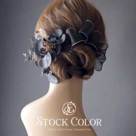 胡蝶蘭とオーガンジーリボンのヘッドドレス ヘアアクセサリー 髪飾り(Black)＊ウェディング 成人式 白無垢 和装 袴 卒業式の画像