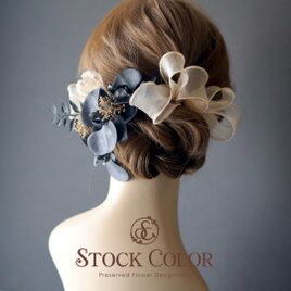胡蝶蘭とオーガンジーリボンのヘッドドレス ヘアアクセサリー 髪飾り(Gold)＊ウェディング 成人式 白無垢 和装 袴 卒業式の画像