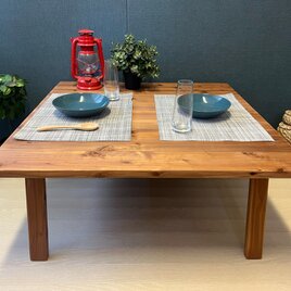 【送料無料】 ローテーブル 正方形 90cm 35cm 杉 ブラウン 折り畳み脚 木組 ハ型の画像