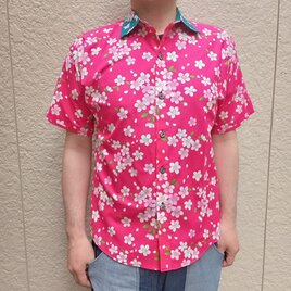 半袖和柄シャツ（桜模様）衿グリーンの画像