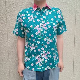 半袖和柄シャツ（桜模様）衿ピンクの画像