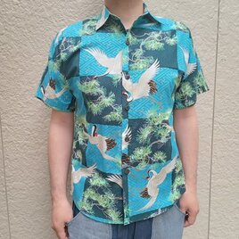 半袖和柄シャツ（市松和文様に鶴と松）の画像