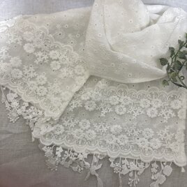 ハンドメイド☆ホワイト小花リーフ刺繍レースストール フリンジ付きBの画像