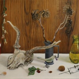 油絵「小鹿頭骨のある静物」
