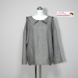 リネン◆ひらっとカラーのロングセーラーブラウス　長袖◆オールドカーキ（期間限定色）◆フリーサイズ（中厚、リネン100％）の画像