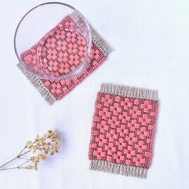 北欧手織り:ローゼンゴン織りコースター（small flowers）ピンク×アズキの画像