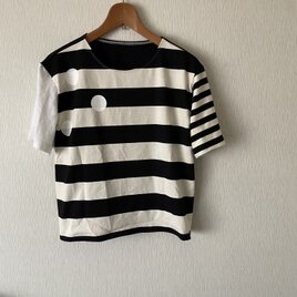 水玉プリント切替ボーダーTシャツ　黒×白Fの画像