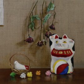 油絵「風船猫と鳩笛と金平糖」
