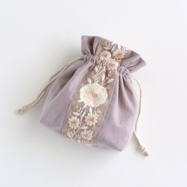 インド刺繍リボンのマチのある巾着ポーチ 　くすみ紫の画像