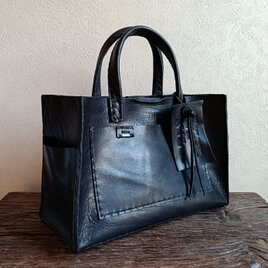 【受注制作】square tote　黒　オイルワックスレザーの画像