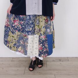 リネンパッチティアードスカート☆ネイビーブルーの画像