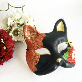 一閑張り猫面 　“黒赤花”の画像