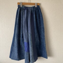 古布切替パッチワークワイドサルエルパンツ　一点物藍系Ｆの画像