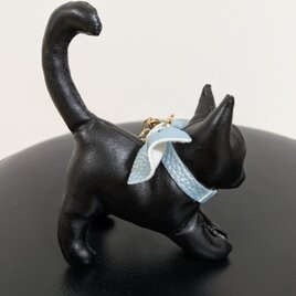 ぬいぐるみ☆キーホルダー☆ねこ☆合皮レザー☆黒×ライトブルーの画像