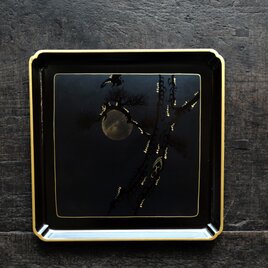月と木◆古輪島塗　黒塗蒔絵四方盆　骨董・antiques　工芸品　古美術　インテリア　大正期 i4の画像