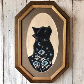 「導きの黒猫」額付 アート作品 原画 徳島洋子作品 アクリル画 猫の画像