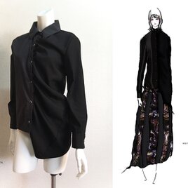 【1点もの・デザイン画付き】尾州ウール＆播州織シャーリングアシメトリーブラウス（KOJI TOYODA）の画像