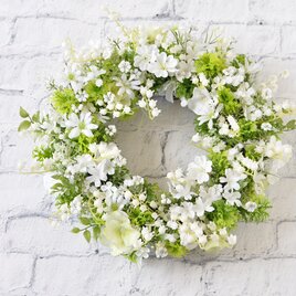 再販　ピュアホワイト　すずらんと白い花　リース：すずらん　デージー　白　グリーンの画像
