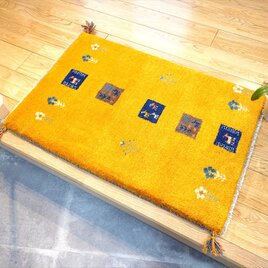 ペルシャ　ギャッベ　玄関マット　ラグ　90X60㎝　パネル　花　ヤギ羊　生命の木　黄金色　紺　グレー　RJ3399の画像
