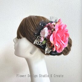 ピンクローズとカーネーションのヘアクリップ　ピンク　ヘアクリップ 　バラ 　フラメンコ　フローレス 　髪飾り 　発表会　ダンスの画像