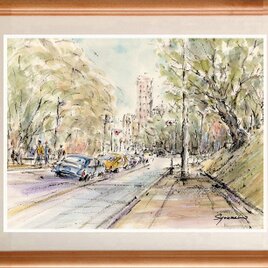 水彩画原画　朝の交差点風景　＃660の画像