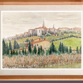 水彩画原画　ピエンツァ遠望・イタリア　＃662の画像